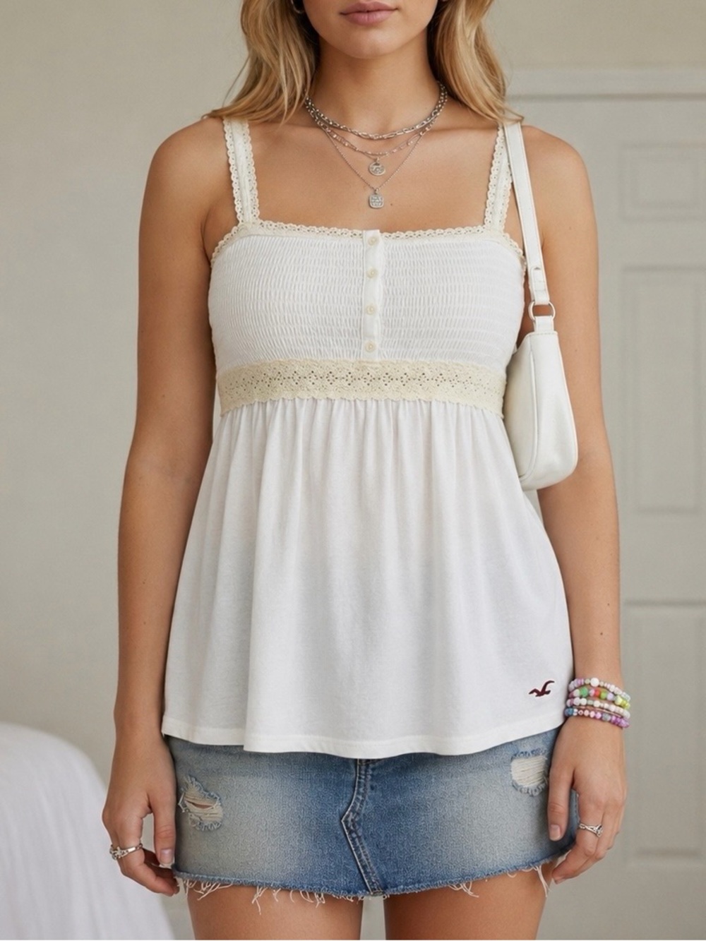 Y2K NWT Hollister Babydoll Tank Top Lace Tie Back Size Large Deadstock